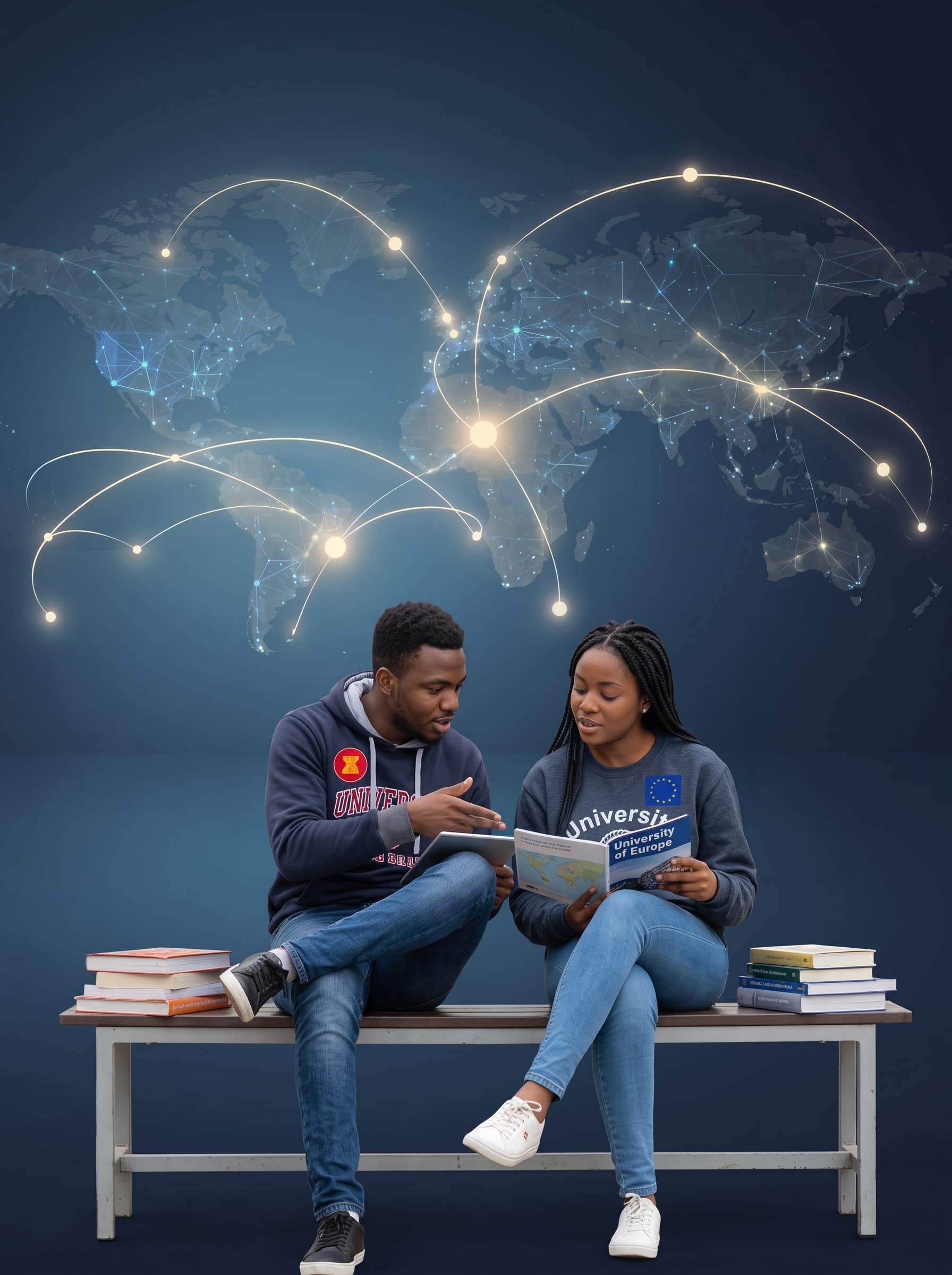 Students studying under a connected world map